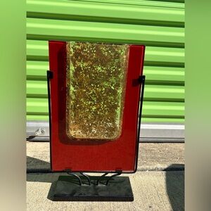 Red and Gold Decorative Glass Art on Stand